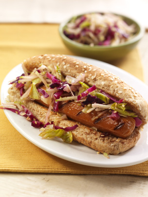 Grilled Franks with Sesame Apple Slaw