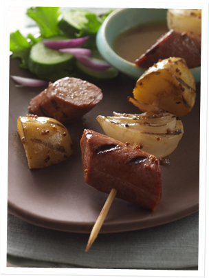 Smoked Sausage Kabobs with Beer-Mustard Sauce